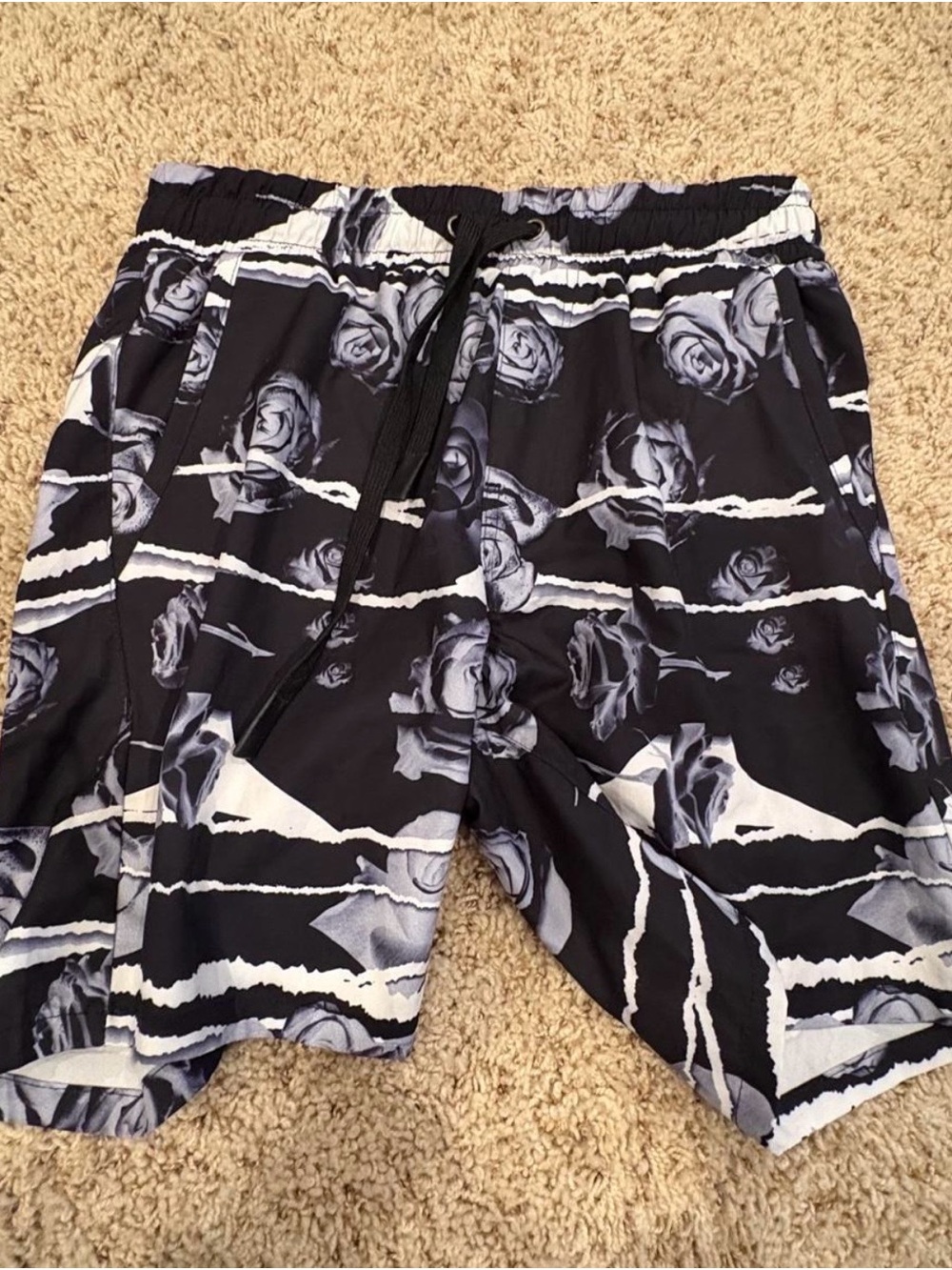 NWOT fresh Black Swim Trunks with Gray Rose Stripe Print
